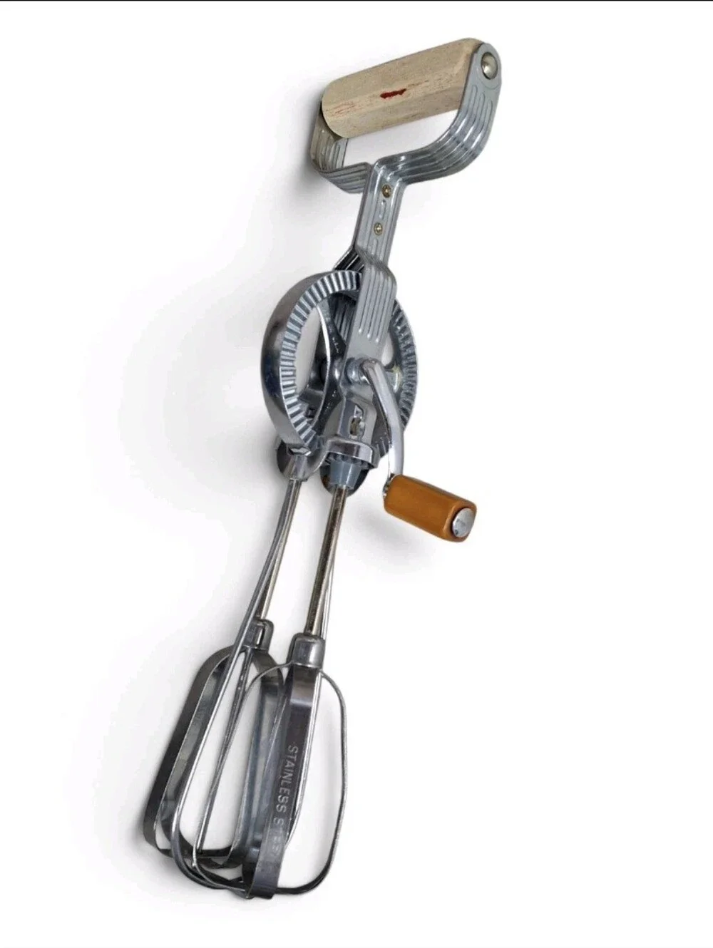 Vintage Red Ekco Egg Beater Bakelite Wood Handled Hand Mixer Kitchen Collectible